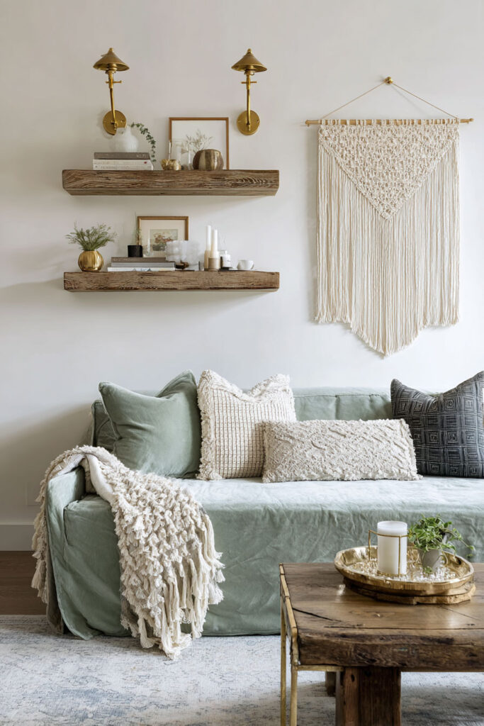 Boho sage green living room with rattan sofa, earthy pillows, plaster wall, monstera plant, and woven ottoman in natural light.