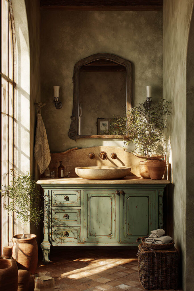 Distressed sage green bathroom vanity with stone vessel sink, gold fixtures, potted greenery, and rustic terracotta accents in old-world style.
