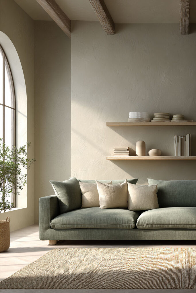 Minimalist sage green living room with green sofa, beige walls, wood ceiling beams, floating shelves, and woven rug.