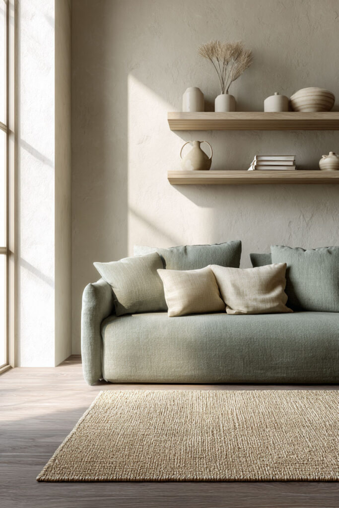 Minimalist living room with sage green sofa, beige walls, floating wood shelves, neutral decor, and natural light.
