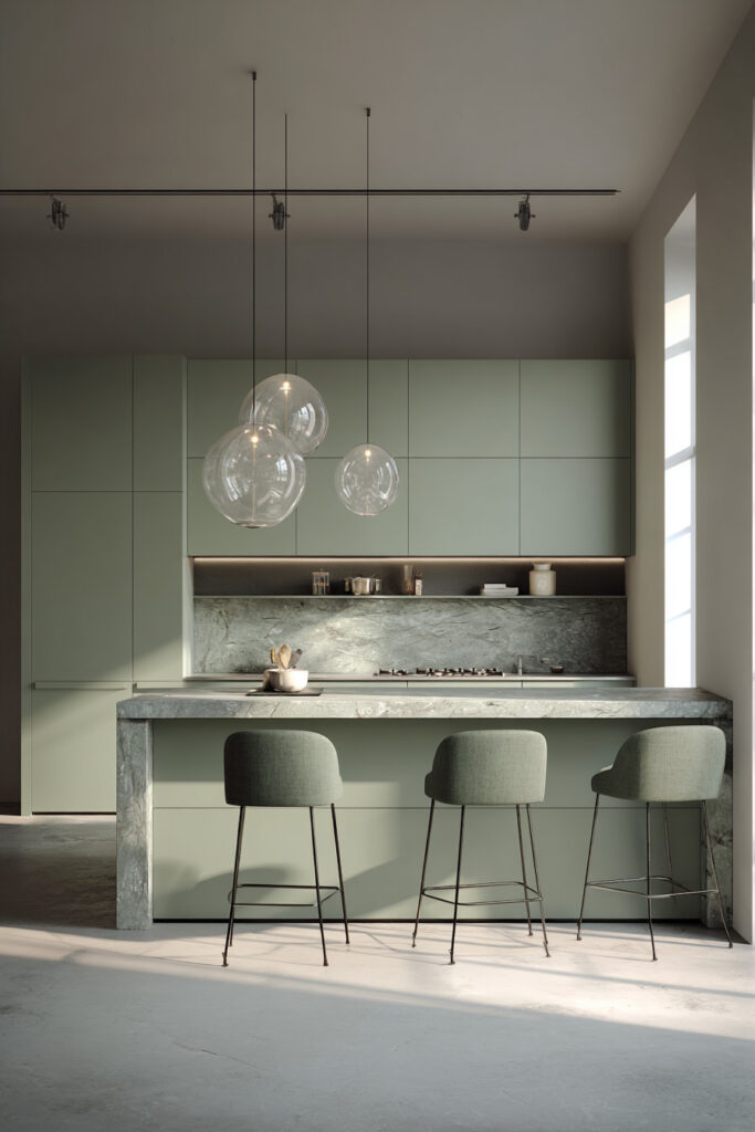 Modern sage green kitchen with flat-panel cabinets, marble waterfall island, globe pendant lights, and minimalist design.