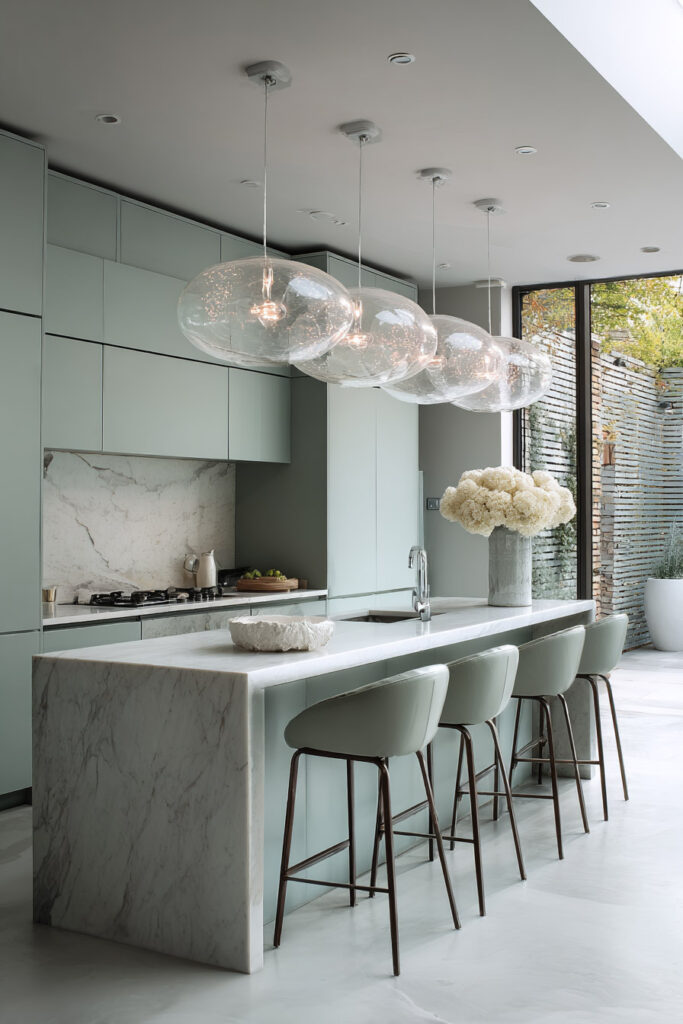 Modern sage green kitchen with marble waterfall island, glass pendant lights, and floor-to-ceiling windows.
