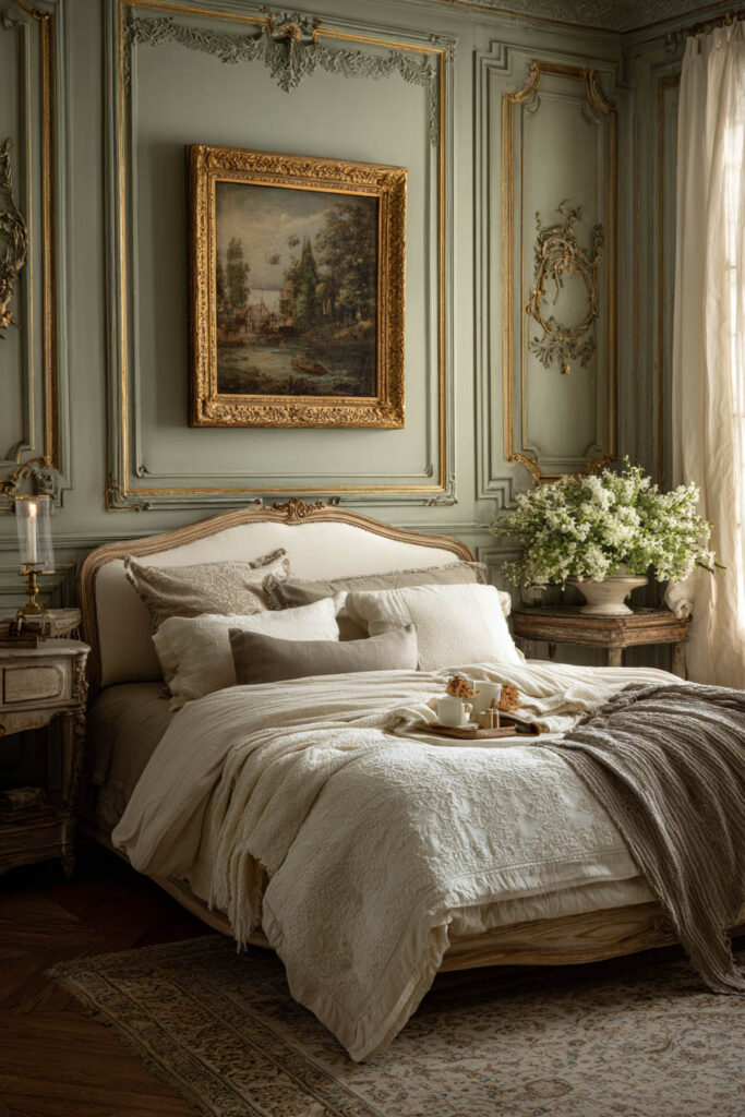 Luxurious sage green bedroom with ornate gold paneling, cream bedding, antique furniture, and French-inspired decor.