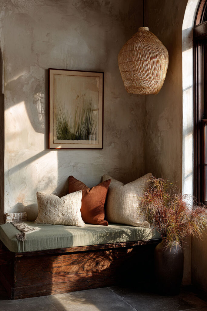 Sage green entryway bench with earthy pillows, woven pendant light, plaster walls, rustic wood base, and natural artwork.