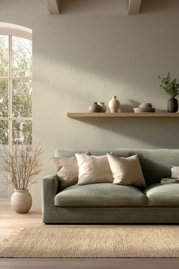 Minimalist sage green living room with soft green sofa, neutral throw pillows, floating wood shelf, ceramic decor, and natural woven rug.