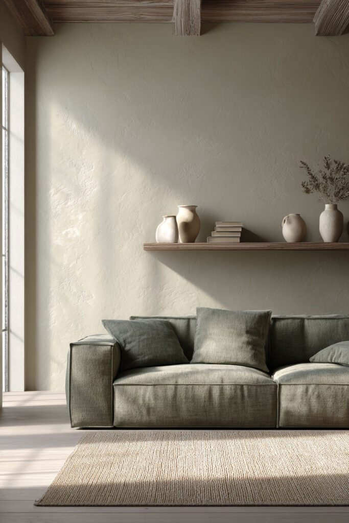 Sage green living room with deep green sofa, rustic wood ceiling beams, floating shelf with ceramics, and natural light.