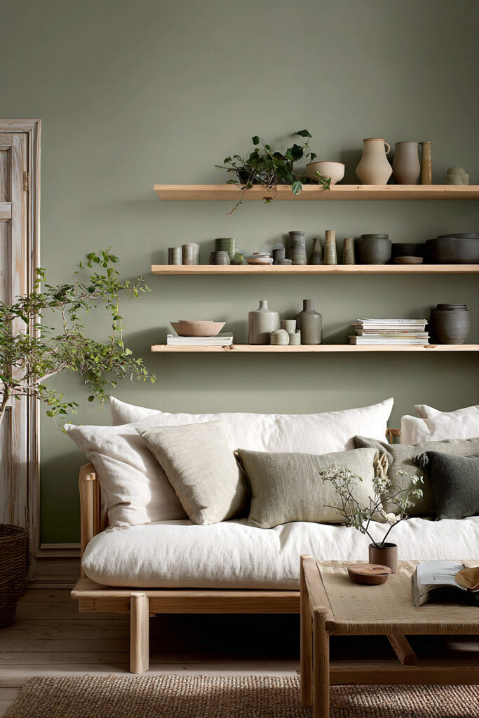Minimalist living room with sage green walls, neutral sofa, floating wood shelves, pottery decor, and indoor plants.