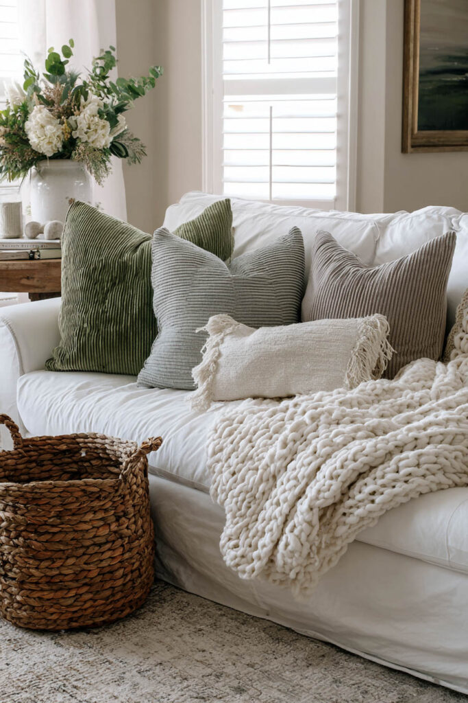 White sofa with sage green and striped pillows, chunky knit throw, woven basket, and hydrangea arrangement in a cozy living room.