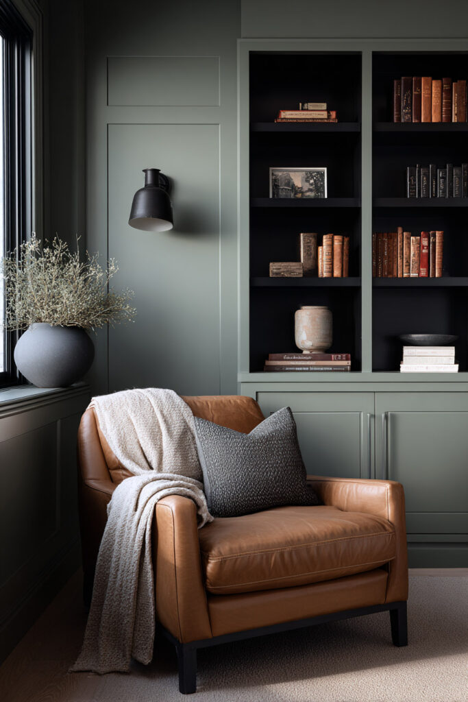 Sage green reading nook with built-in shelves, leather chair, black wall sconce, and cozy throw blanket.