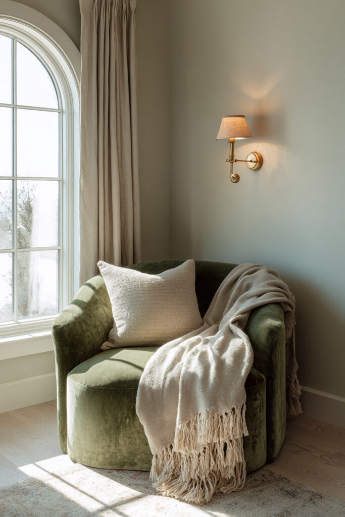 Cozy sage green reading nook with velvet chair, neutral throw blanket, brass wall sconce, and natural light.