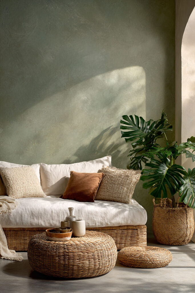 Boho sage green living room with rattan sofa, earthy pillows, plaster wall, monstera plant, and woven ottoman in natural light.