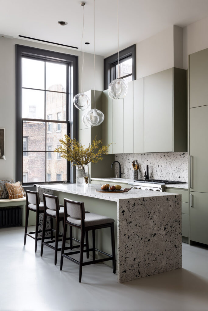 Contemporary sage green kitchen with terrazzo island, black window frames, and modern glass pendant lights.