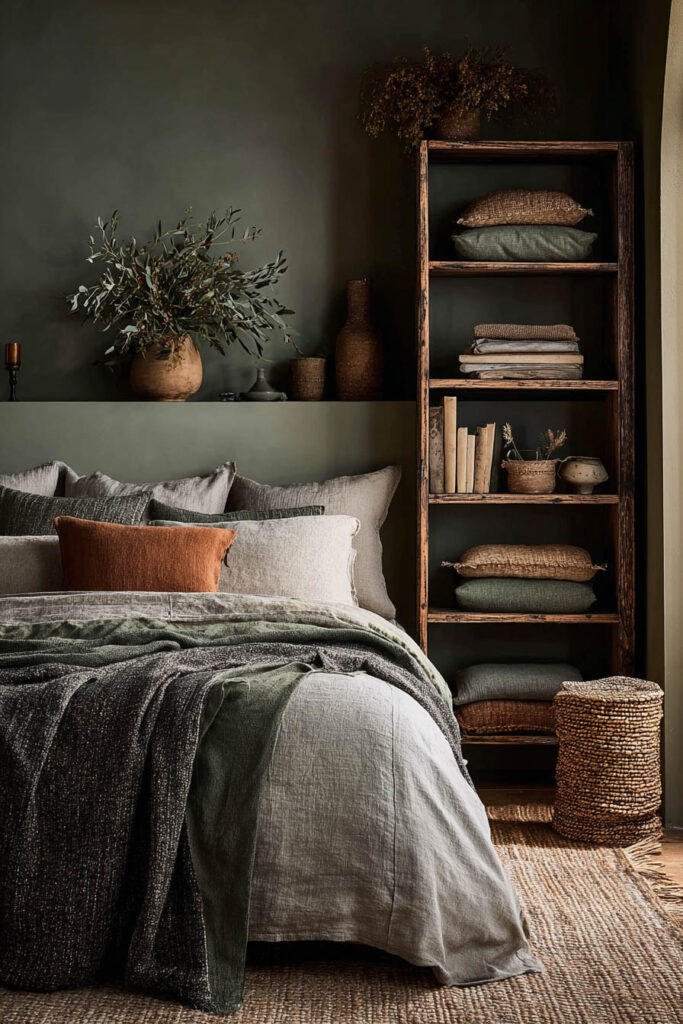 Cozy sage green bedroom with layered bedding, rustic shelving, woven baskets, and earthy natural textures.