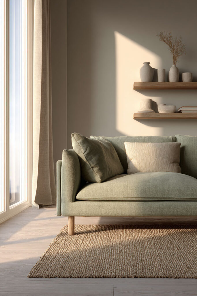 Minimalist sage green living room with green sofa, neutral pillows, woven rug, floating shelves, and ceramic decor.