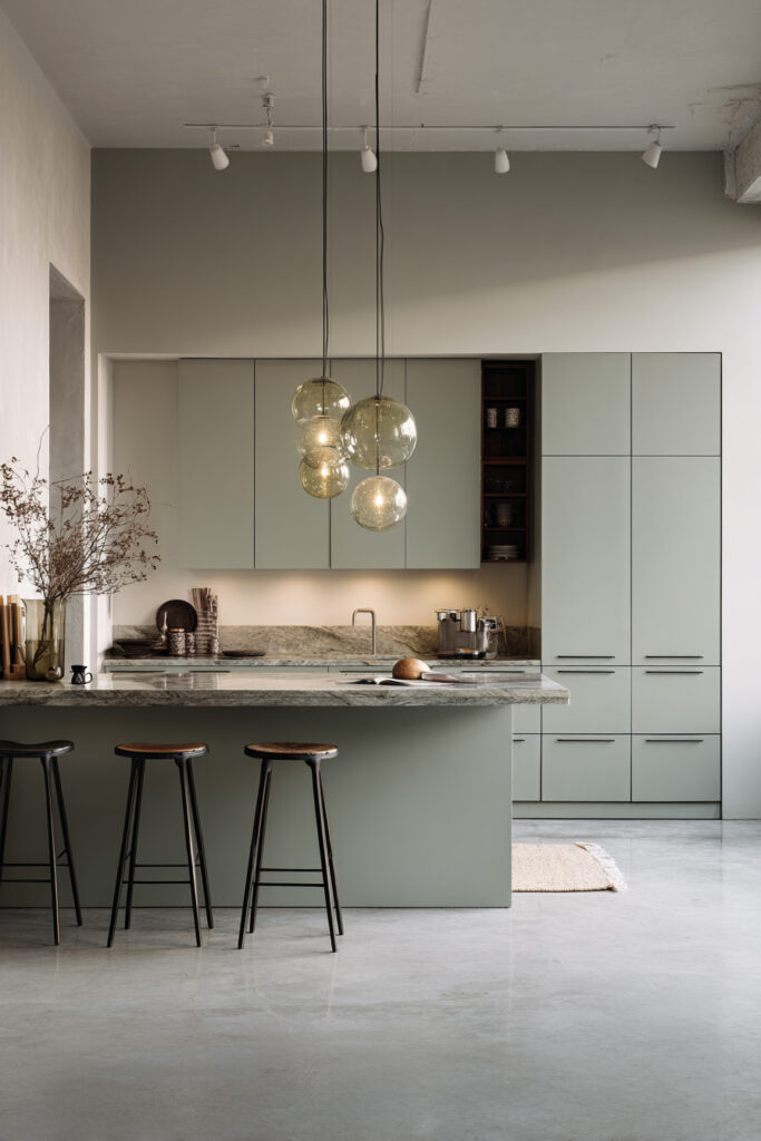 Modern sage green kitchen with flat-panel cabinets, marble waterfall island, glass globe pendants, and minimalist design.