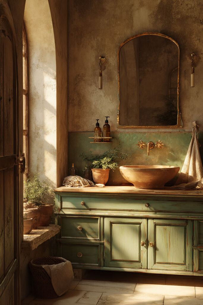 Rustic sage green bathroom vanity with distressed finish, stone vessel sink, terracotta pots, and natural linens in an old-world style.