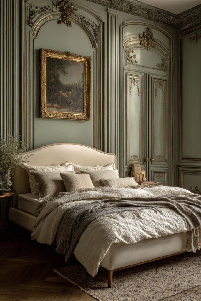 Refined sage green bedroom with ornate paneling, upholstered bed, layered linen bedding, and French vintage decor.