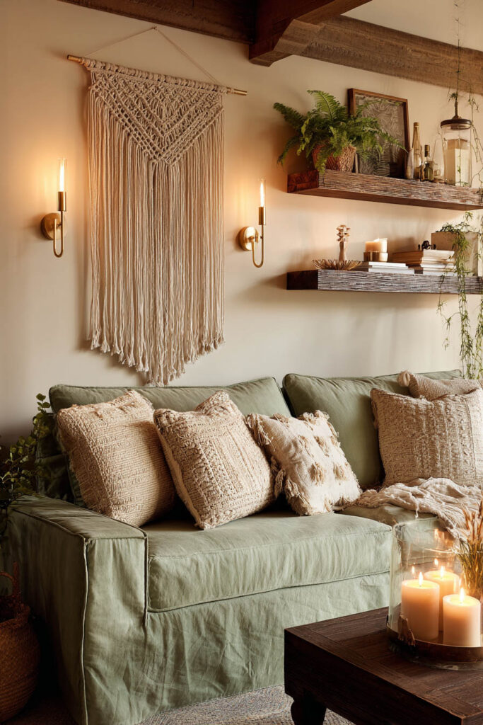 Boho sage green living room with slipcovered sofa, textured pillows, rustic wood shelves, candles, and macramé wall hanging.