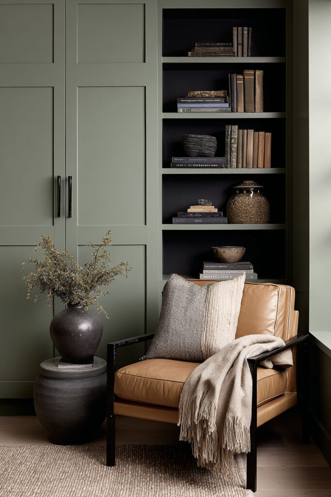 Sage green built-in cabinetry with black shelves, leather chair, neutral throw blanket, and modern rustic decor accents.