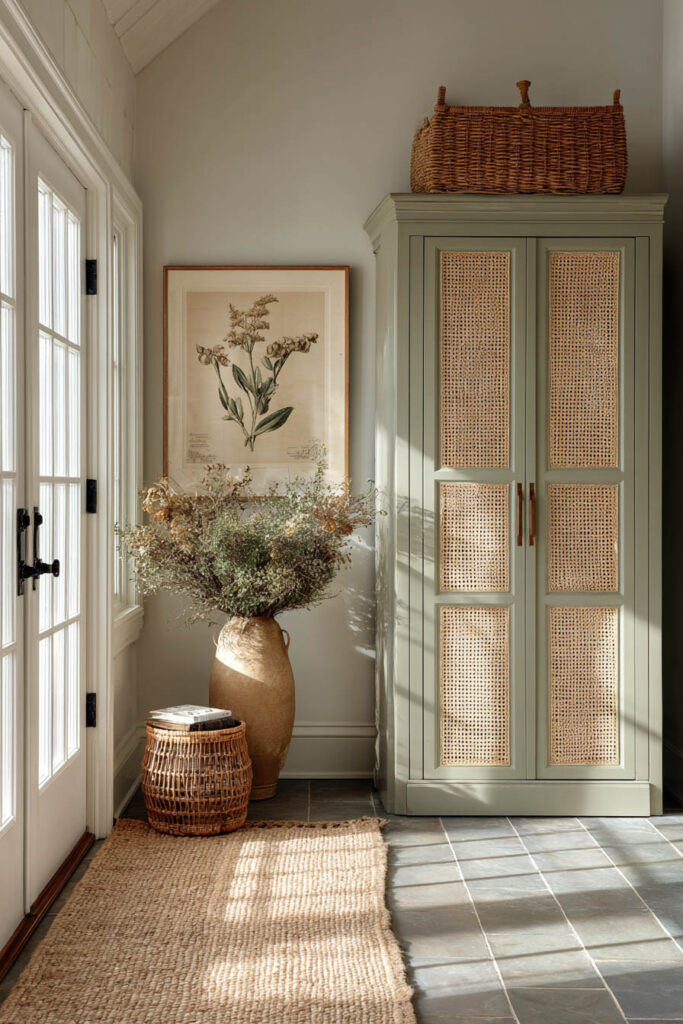 Sage green entryway cabinet with cane doors, woven baskets, botanical wall art, and dried greenery in a rustic vase.