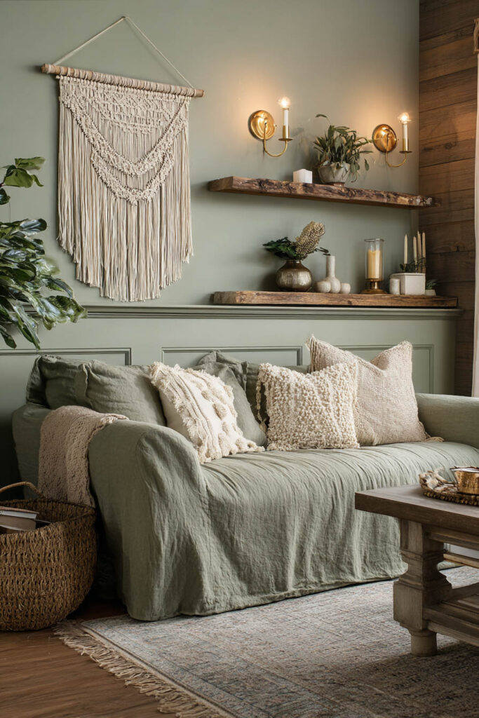 Boho sage green living room with linen sofa, macrame wall hanging, textured throw pillows, rustic wood shelves, plants, candles, and woven basket.