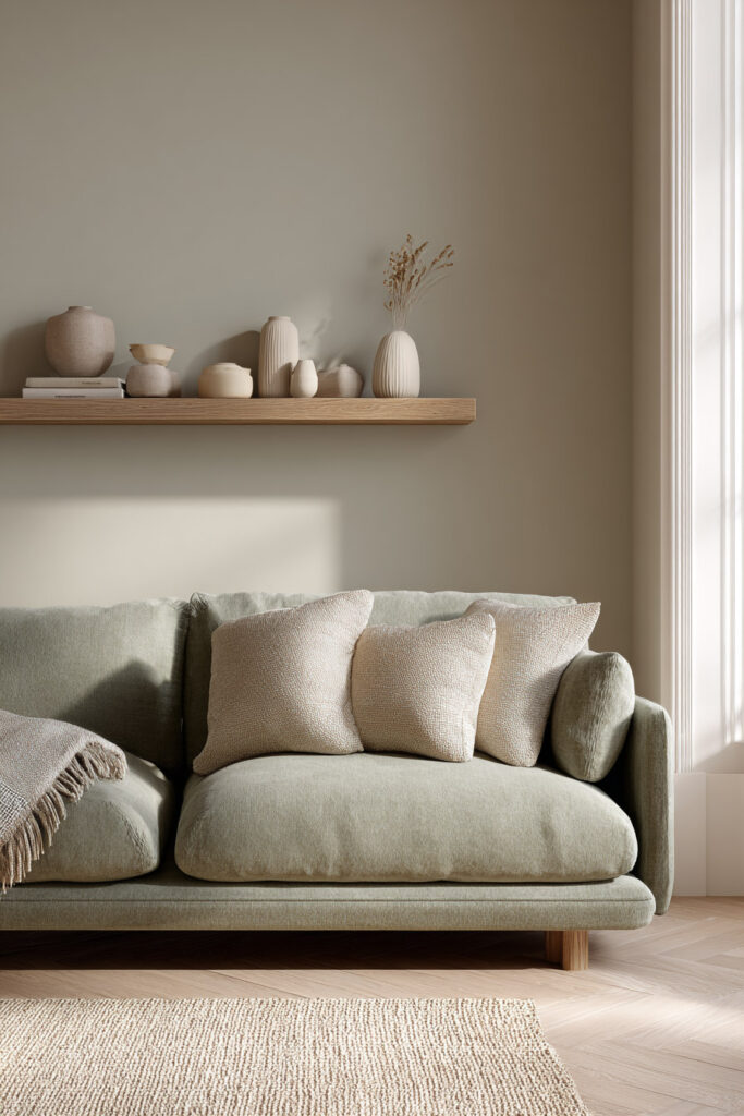 Minimalist living room with sage green sofa, floating wood shelf with ceramics, beige pillows, and natural neutral decor.