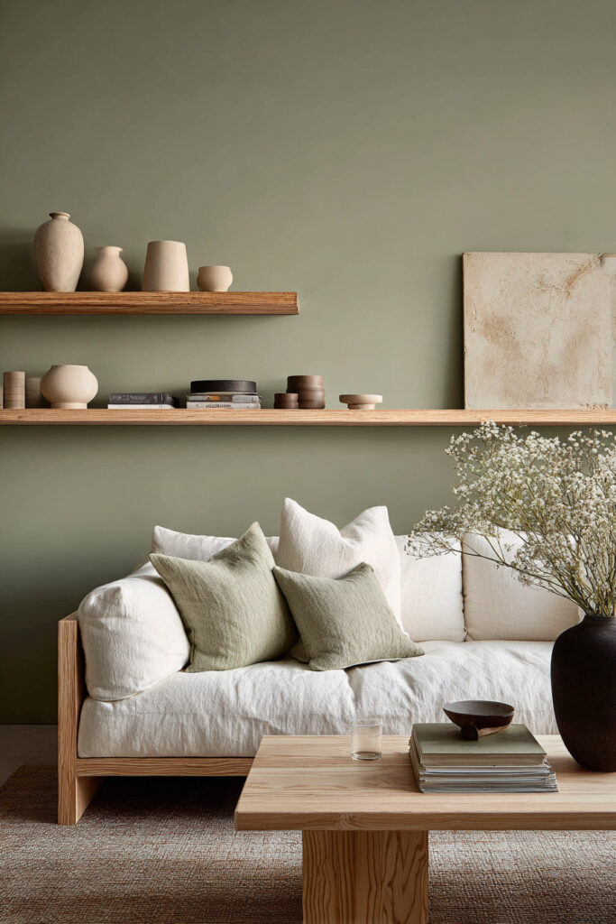 Scandinavian living room with sage green walls, neutral sofa, green throw pillows, wood coffee table, and floating shelves with pottery.