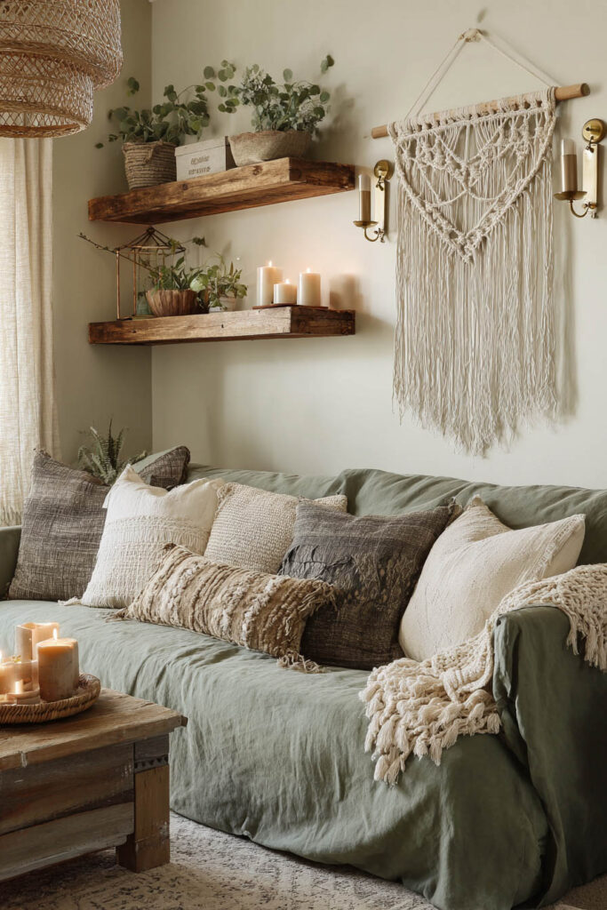 Boho sage green living room with textured pillows, rustic wood shelves, macrame wall hanging, and candles for cozy decor.