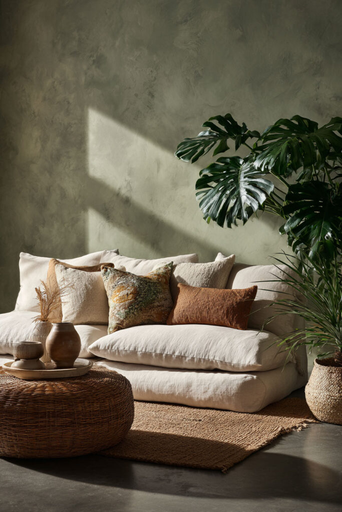 Boho sage green living room with cream sofa, earthy pillows, plaster wall, monstera plant, and rattan ottoman in natural sunlight.