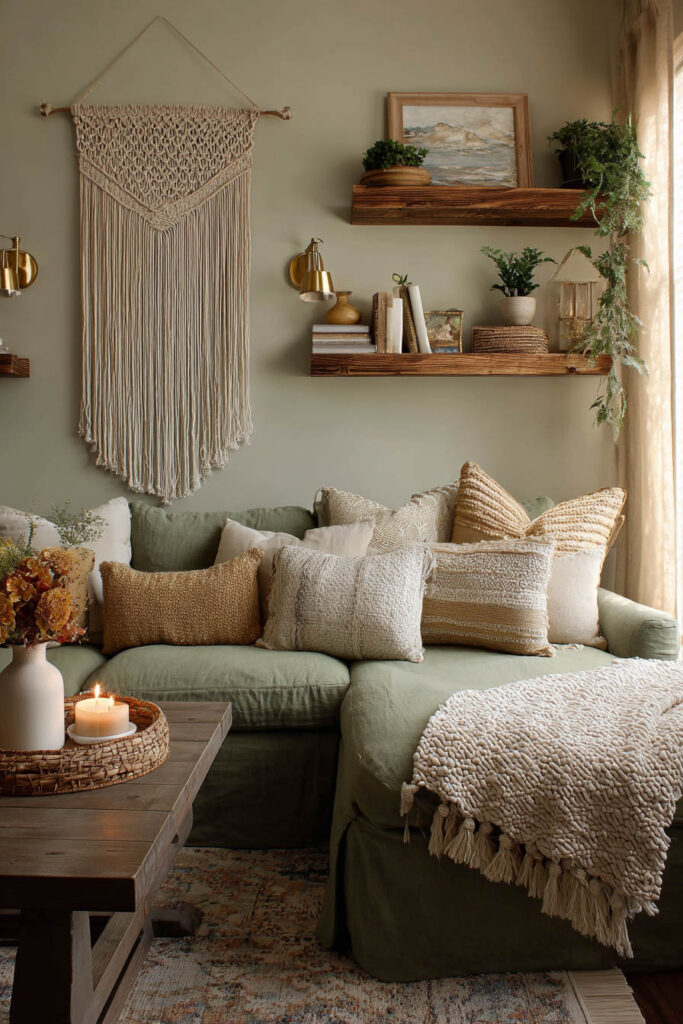 Boho sage green living room with layered pillows, macramé wall hanging, floating wood shelves, and rustic coffee table.