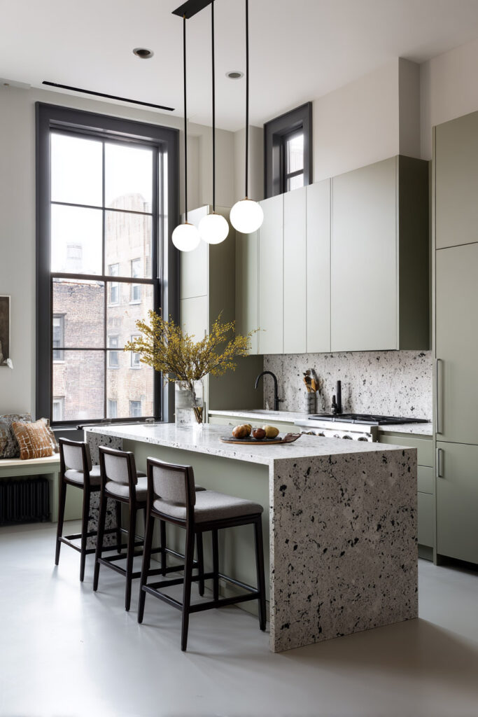 Modern sage green kitchen with terrazzo island, globe pendant lighting, black windows, and matte black fixtures.