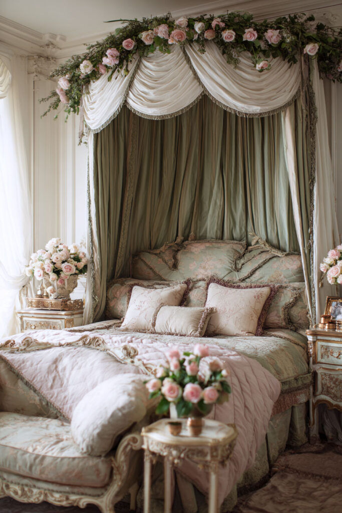 Romantic sage green bedroom with draped canopy, rose floral accents, pink bedding, and ornate gold details.