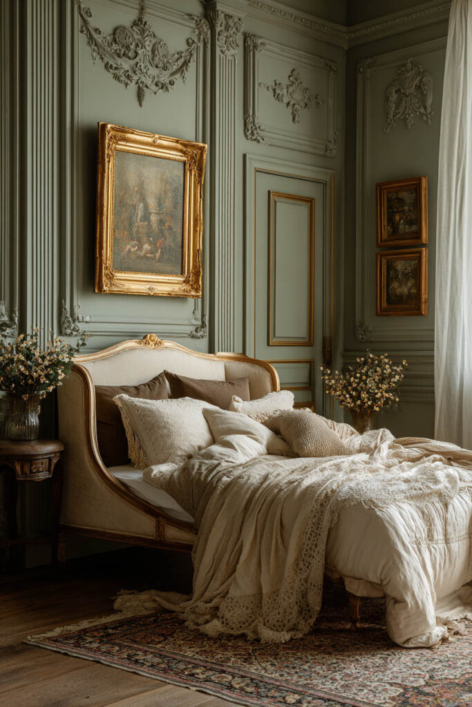 Opulent sage green bedroom with gilded paneling, vintage upholstered bed, layered bedding, and French château-inspired decor.