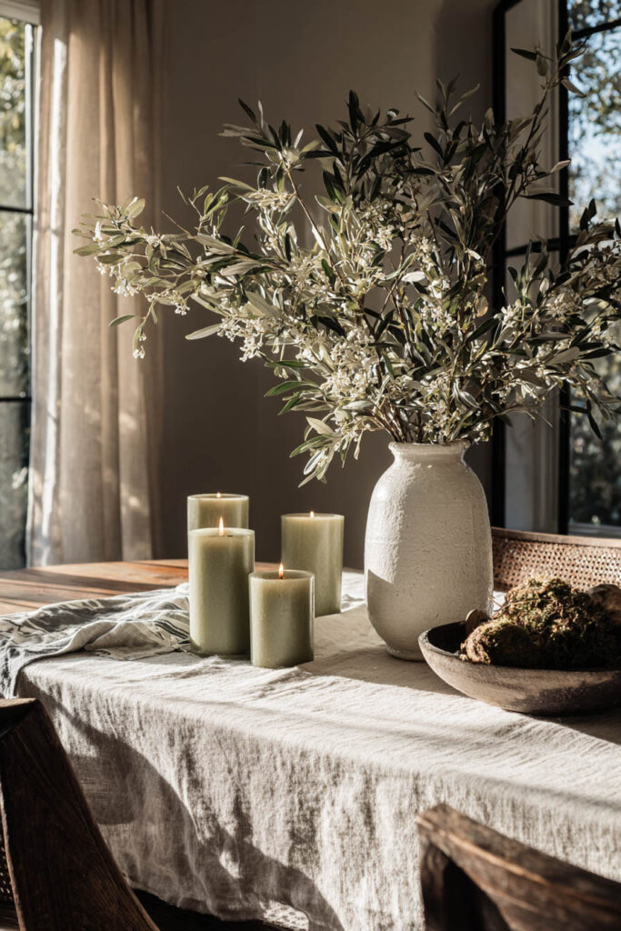 Dining table with sage green candles, ceramic vase of olive branches, linen tablecloth, and rustic decor in warm natural light.