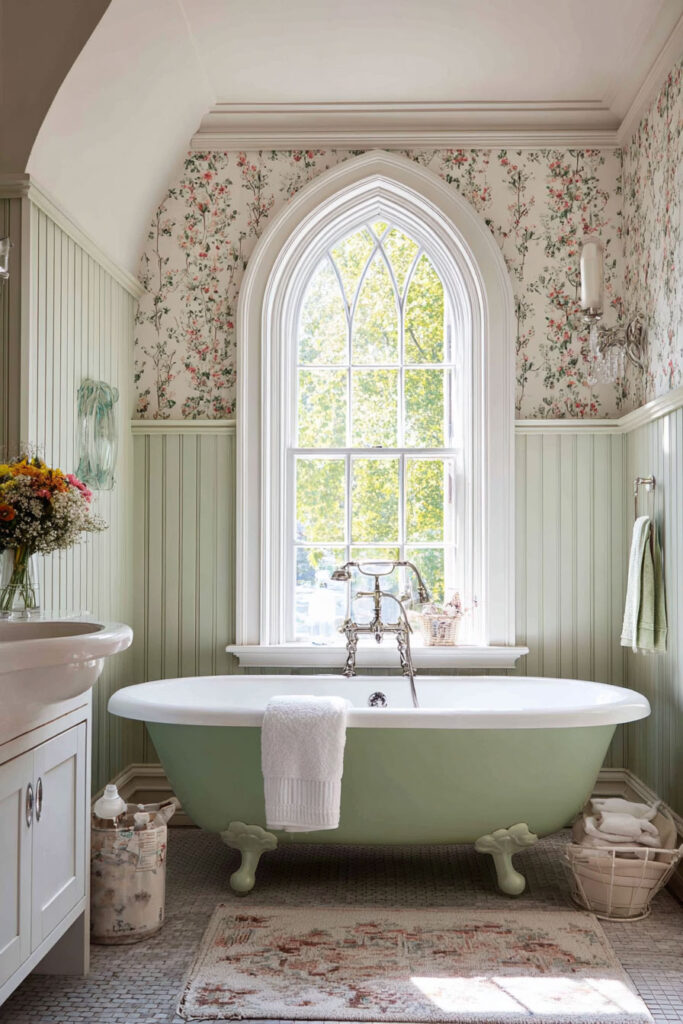 Cottage bathroom with sage green clawfoot tub, arched window, floral wallpaper, and beadboard walls for a cozy vintage-inspired style.