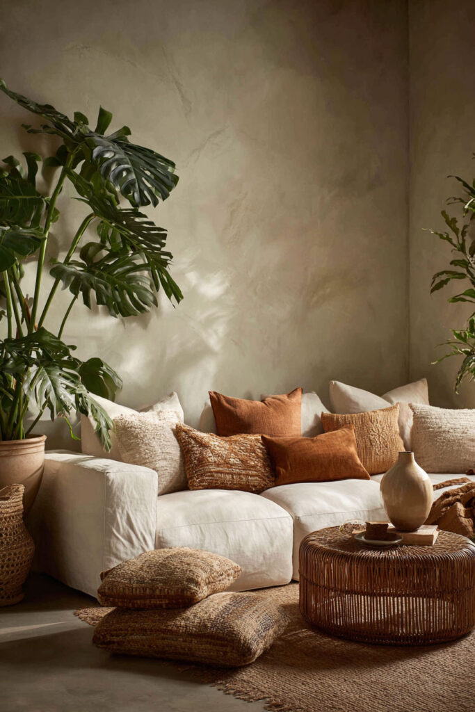 Earthy sage green living room with white sofa, terracotta pillows, rattan coffee table, woven accents, and large monstera plant.