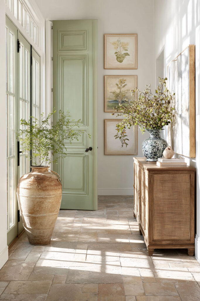 Sage green entryway with tall door, French doors, rustic stone floor, cane console, oversized clay vase, and botanical artwork.