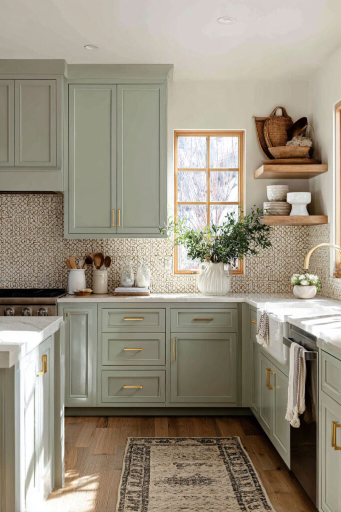 Sage green kitchen with brass hardware, patterned backsplash, open wood shelves, greenery, and vintage rug.
