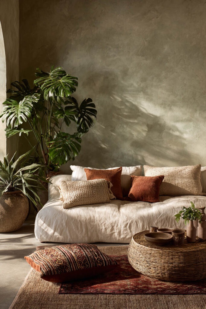 Earthy sage green living room with plaster walls, linen sofa, rust accent pillows, woven coffee table, layered rugs, and oversized indoor plants.