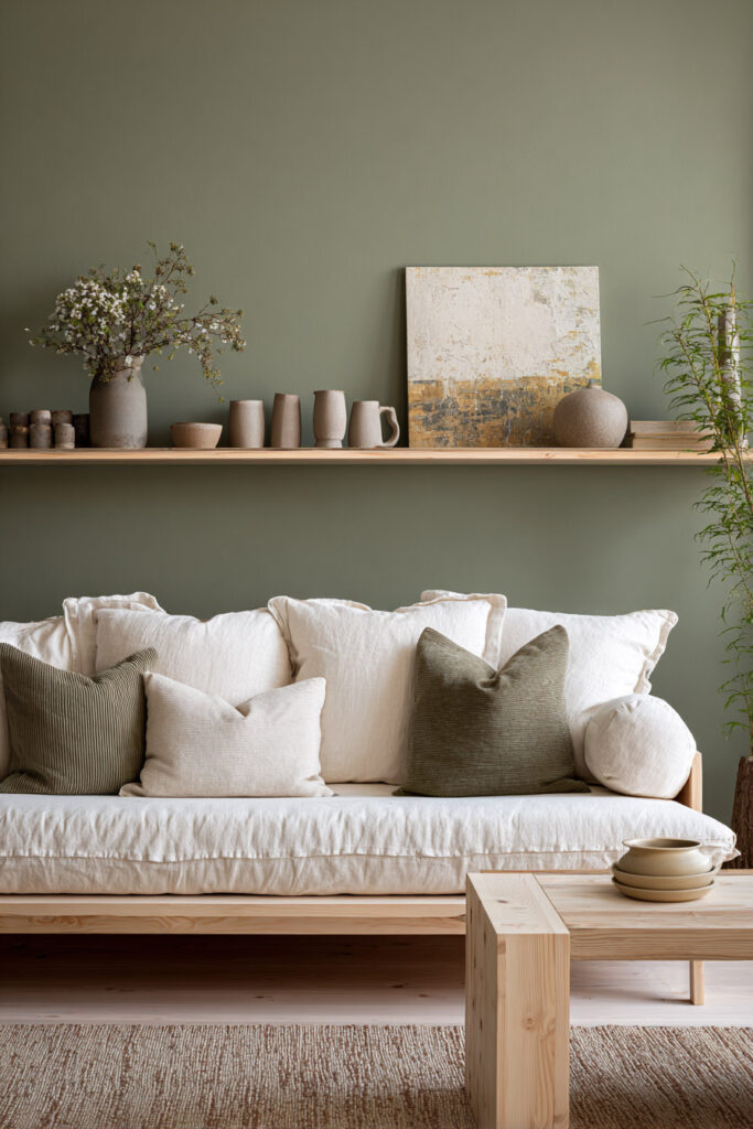 Living room with sage green walls, natural wood sofa, neutral throw pillows, minimalist shelf styling, and pottery accents.