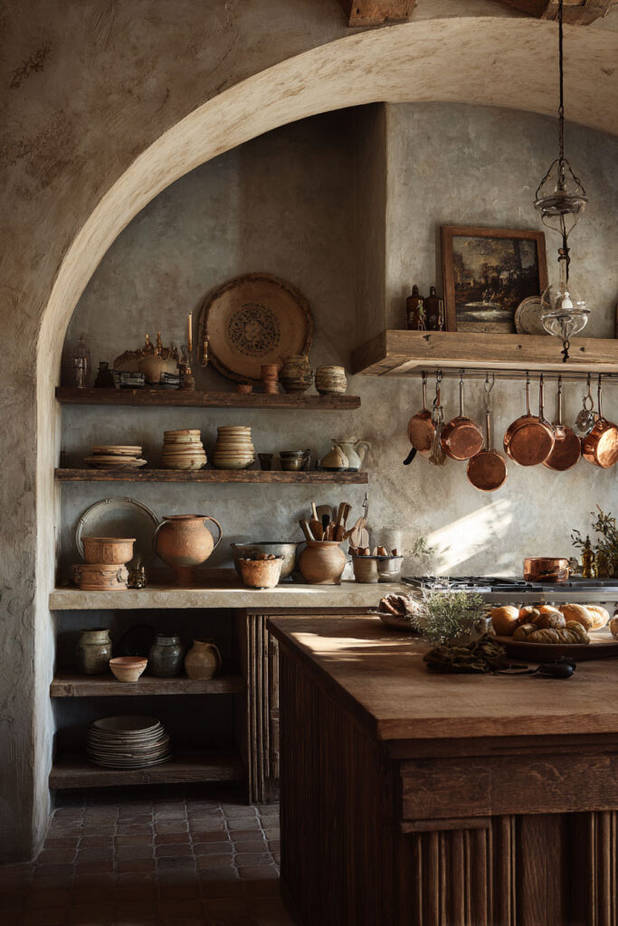 Tuscan-inspired sage green kitchen with plaster walls, exposed beams, copper pans, rustic wood counters, and open shelving with pottery.