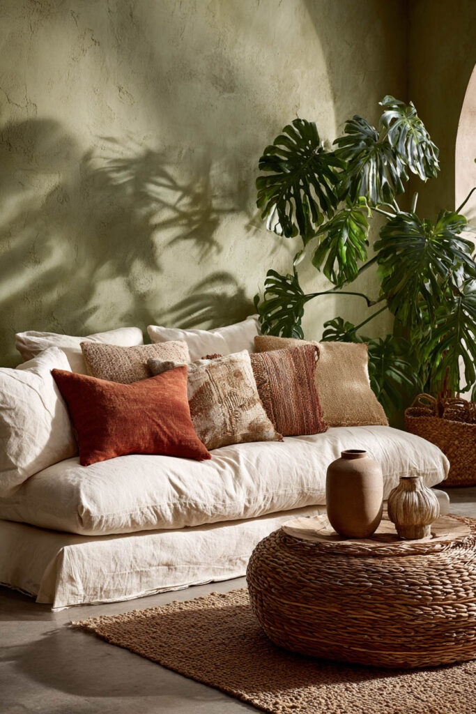 Earthy sage green living room with plaster wall, cream sofa, rust accent pillows, woven coffee table, clay vases, and large plant.