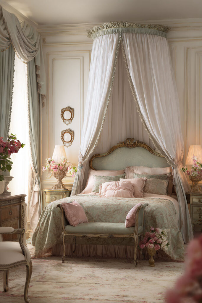 Elegant sage green bedroom with canopy bed, pink accents, vintage furniture, and ornate details for a romantic style.