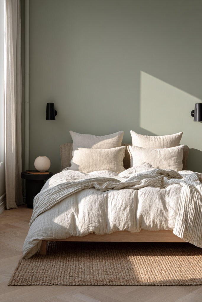 Minimalist bedroom with sage green walls, neutral linen bedding, black sconces, wood furniture, and jute rug.