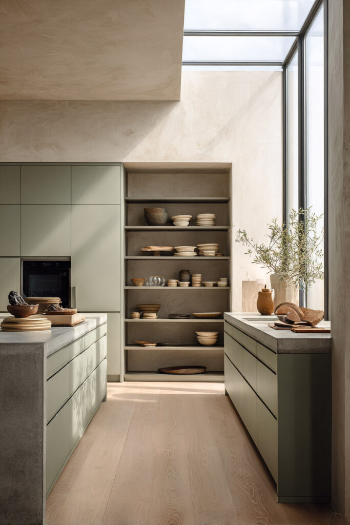Minimalist sage green kitchen with skylight, open shelving, clean cabinetry, and natural pottery decor.