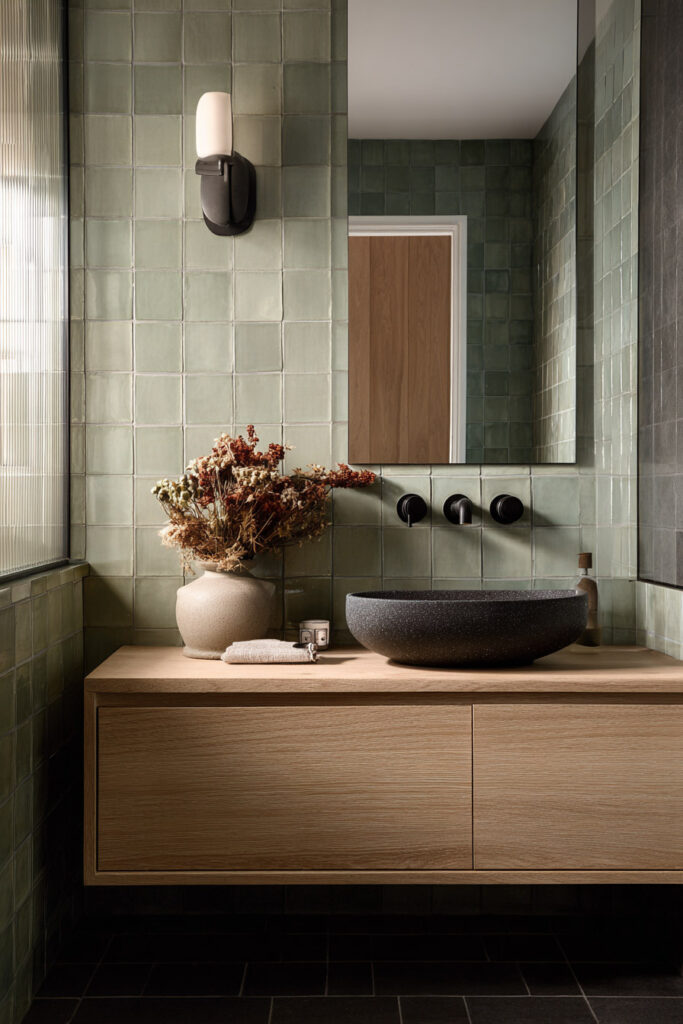 Modern sage green bathroom with square tile walls, floating wood vanity, black stone vessel sink, and matte black fixtures.