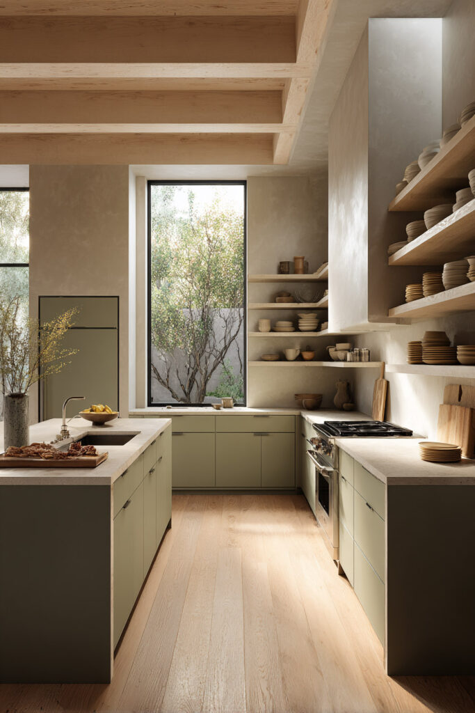 Modern sage green kitchen with flat-panel cabinets, open shelving, large window, natural wood flooring, and neutral tones.