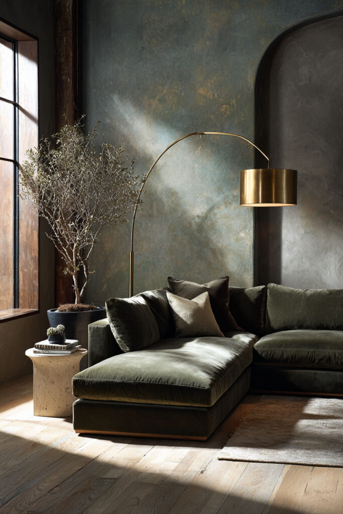 Moody sage green living room with velvet sectional sofa, textured plaster walls, gold arc floor lamp, and olive tree accent.
