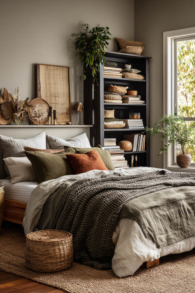 Earthy sage green bedroom with layered bedding, woven baskets, rustic shelving, and natural textures.