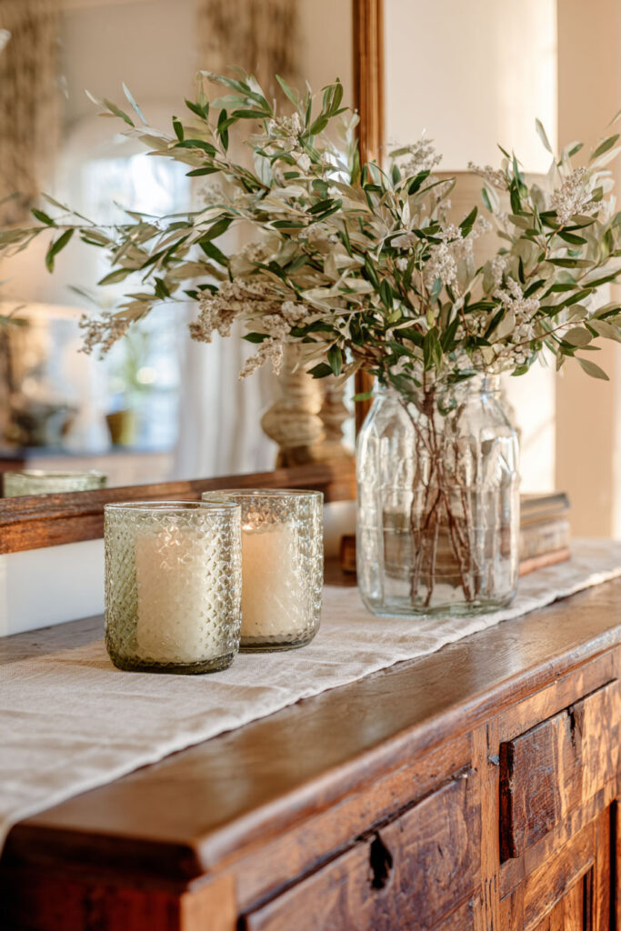 Rustic console table with green glass candle holders, linen runner, and vase of olive branches in cozy living room styling.